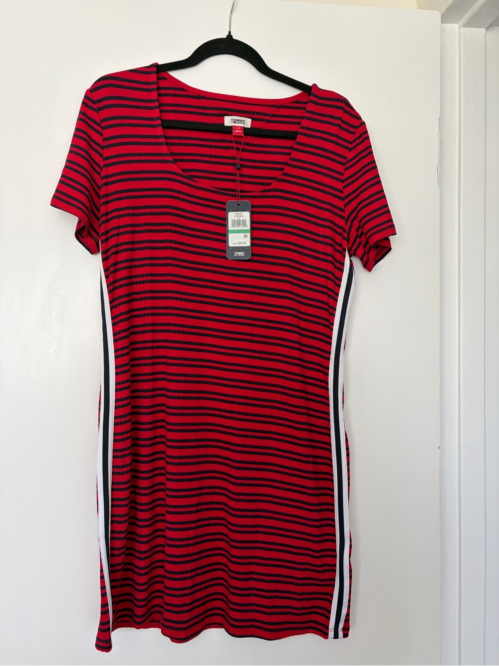 Tommy Hilfiger Red and Black Striped Mini Dress with Side Stripe